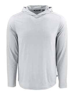 A light grey long-sleeve hooded shirt with a logo on it. The fabric appears lightweight and comfortable.