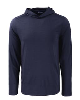 A navy blue hooded shirt with long sleeves and a logo on the chest.