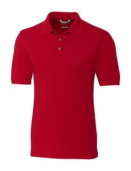 A red polo shirt with a three-button placket and short sleeves, featuring a logo on the chest.