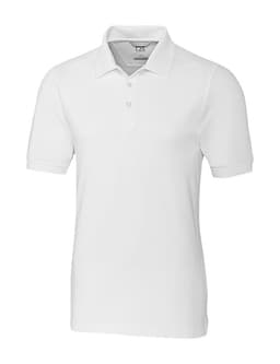 A white polo shirt featuring a collar, short sleeves, and a logo on the chest.