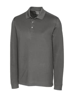 A long sleeve polo shirt in a grey colour, featuring a collar and buttons. It has a logo on the chest.