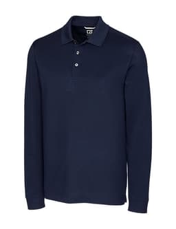 A navy long sleeve polo shirt with a three-button placket and a logo on the chest.