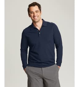 A man wearing a navy CB DryTec Long Sleeve Advantage Polo with a collar, featuring a logo.