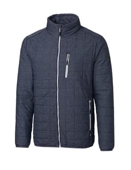 A men's quilted rain jacket in dark grey, featuring a high collar and zippered pockets, with a logo on the sleeve.