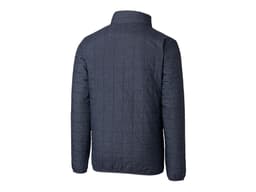 A dark blue men's rain jacket with a quilted texture and a high collar, featuring branding on the back.