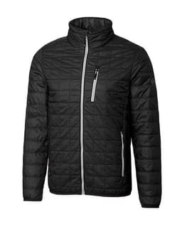 A black men's jacket with a quilted design, featuring a high collar, front zip, and zippered pockets.
