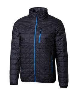 A men's rain jacket in black with blue accents and a zippered front, featuring a high collar and a logo.