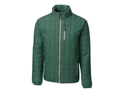A green quilted rain jacket with a zip front and stand-up collar, featuring a logo on the chest.