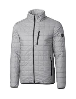 A grey, quilted rain jacket with a high collar and zippered pockets, featuring a logo on one sleeve.