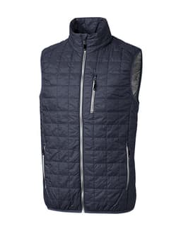 A dark blue quilted vest with a high collar and multiple zippered pockets. It features a logo on one side.