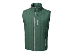 A green quilted vest with a high collar, zippered pockets, and a logo on it.