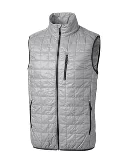 A grey quilted men's vest featuring a high collar and zippered pockets. It has a logo on one side.