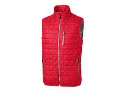 A red men's vest featuring a quilted design, with zippered pockets and a high collar. It has a branding logo.