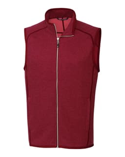 A red sleeveless vest with a high collar and zip front, featuring contrasting inner lining and a logo.
