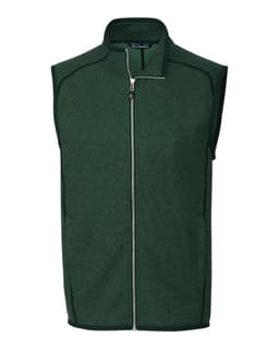 A green sleeveless vest with a zippered front and contrasting trim, featuring a logo.