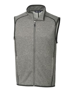 A grey men's vest with a zip front and contrasting trim, featuring a logo on the chest.