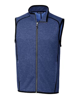 A blue men's vest featuring a zip front, sleeveless design, and contrasting seams, with a logo on the fabric.