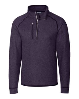 A purple men's half-zip jacket made of polar fleece, featuring a front pocket and a logo.