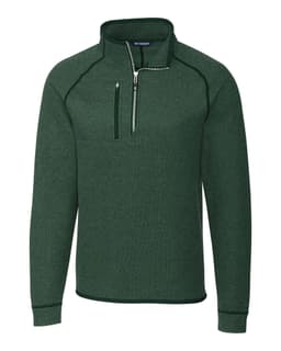A green half zip jacket made of polar fleece, featuring a front pocket and a logo on the chest.