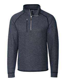 A navy polar fleece half zip jacket featuring a collar and a logo on the chest.