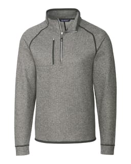 A grey polar fleece half zip jacket with a subtle textured pattern and contrasting trim, featuring a logo on the front.