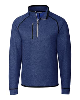A navy blue men's jacket featuring a half zip design, with a contrasting black zipper and stitching details.