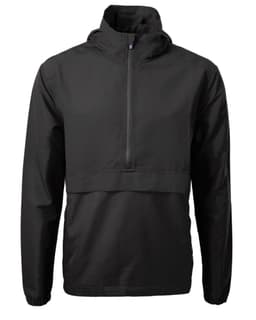 A black men’s anorak jacket featuring a half-zip front and a hood, with a logo on the chest.