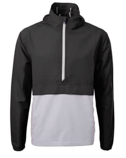 A men’s black and white anorak jacket featuring a half-zip and a logo. Suitable for rainy weather.