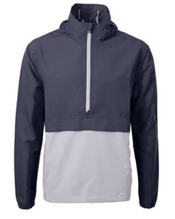 Men’s charter anorak jacket in navy blue and white, featuring a half-zip front and a hood. Includes a logo on the chest.