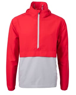 A red and grey Men’s Charter Anorak Jacket featuring a half-zip design and a logo. Perfect for rain protection.