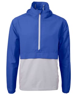 A blue and white men's anorak jacket featuring a quarter-zip and a logo on the chest.