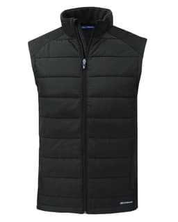 A men's eco hybrid vest in dark green, featuring a zip front and a padded design. It has a logo on the hem.
