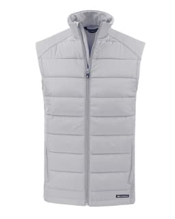 A grey men's sleeveless vest with a zip front and a logo at the bottom. The vest features quilted padding for warmth.
