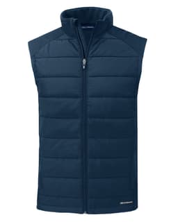 A navy blue men's vest with a zip front, featuring a padded design and a logo on the lower side.