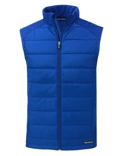 A blue men’s eco hybrid vest with a zip front and padded design. It features a logo on the lower side.