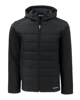 A black men's soft shell jacket featuring a hood, zip closure, and padded front panels. It includes a logo.