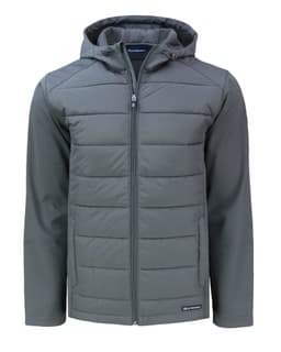 A grey Men’s Evoke Eco Hybrid Jacket with a zip front, removable hood, and a logo on the hem.
