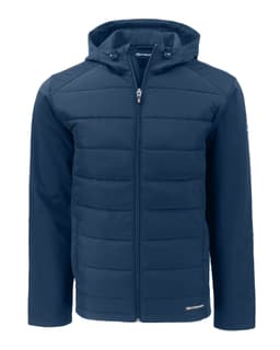 A Men’s Evoke Eco Hybrid Jacket in navy blue, featuring a zip-up front and a hood, with branding present.
