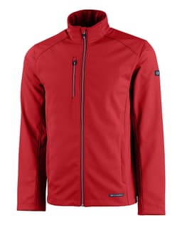 A red softshell jacket with a zippered front, high collar, and a logo on the sleeve.