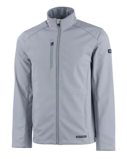 A light grey men's softshell jacket featuring a zip front and a zippered chest pocket. It has a logo on the sleeve.