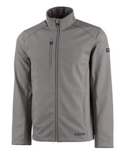 A grey men's softshell jacket featuring a zippered front and a logo on the sleeve.