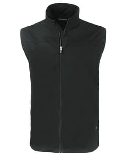 A black men's eco vest with a high collar and front zip, featuring a logo on the side.