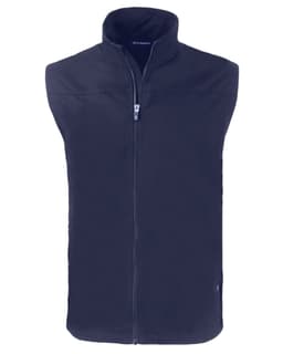 A navy blue men’s vest with a zip front, high collar, and a small logo on the side.