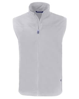 A grey men's eco vest with a high collar and front zip, featuring a logo on the side.