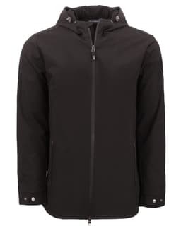 A black men's rain jacket with a hood, featuring a zip front and side pockets, complete with branding.