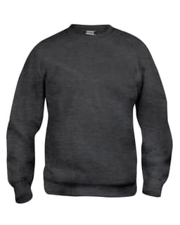 A grey crewneck sweatshirt with ribbed cuffs and hem, featuring a logo on the inside label.