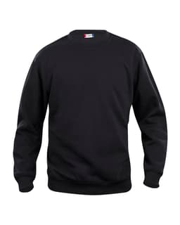 A black crewneck sweatshirt featuring a ribbed collar and cuffs. It has a logo on the neck area.