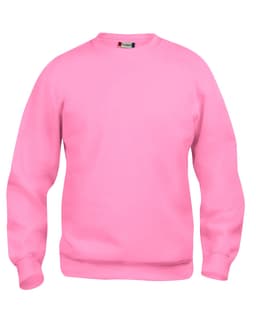 A bright pink crewneck sweatshirt with long sleeves and a plain design, featuring a logo on the neck area.