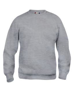 A grey crewneck sweatshirt featuring long sleeves and a ribbed hem, with a branding logo on the collar.