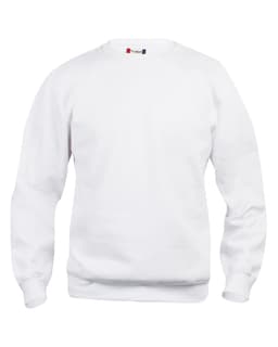 A white crewneck sweatshirt featuring long sleeves and a simple design, including a logo on the neckline.